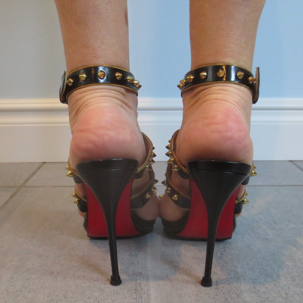 CHRISTIAN LOUBOUTIN Black and Gold Stud and Chain High Heel Sandals - Picture 4 of 9